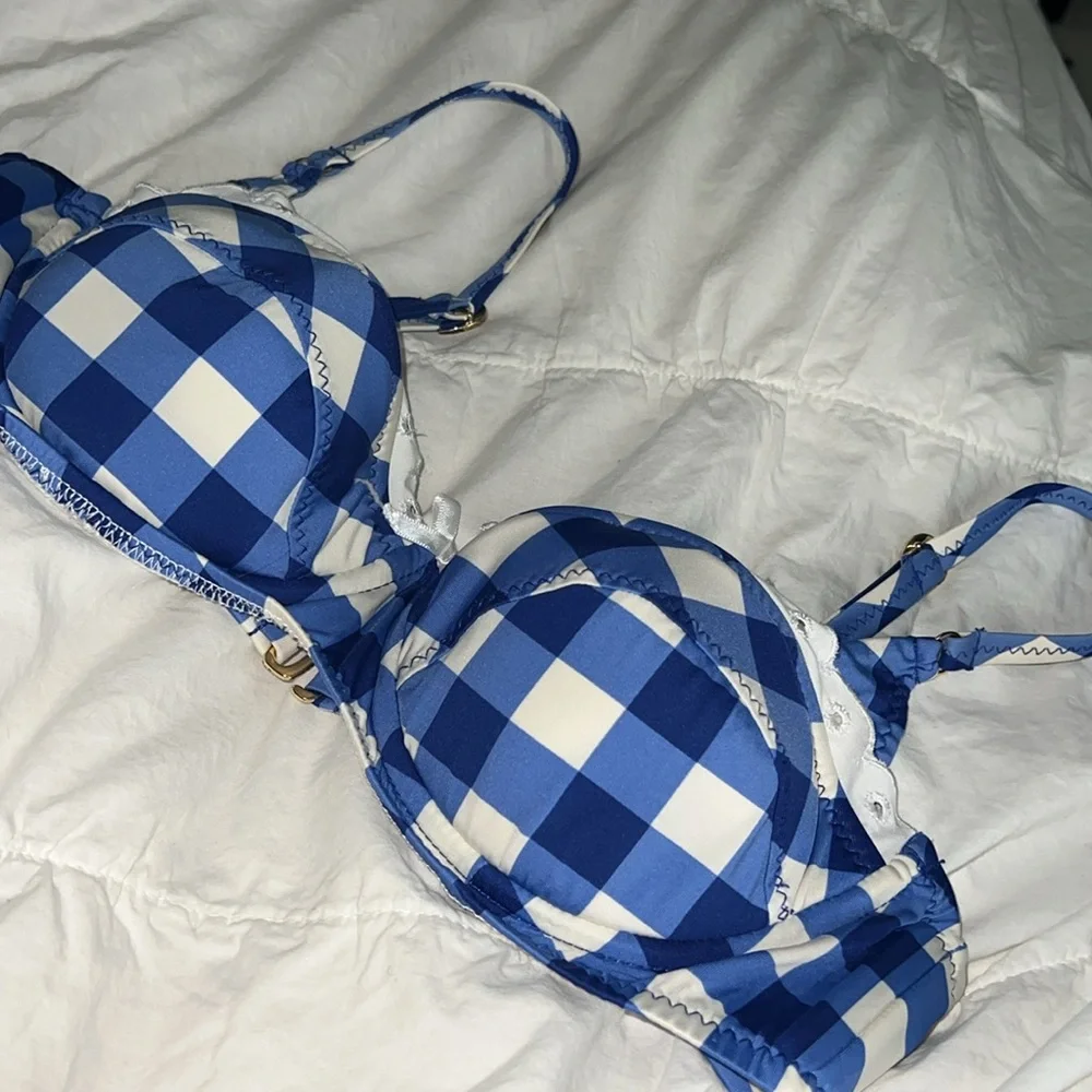 Vintage Y2K Betsey Johnson Swim Blue and White Gingham Bikini Top, size medium - Picture 3 of 7